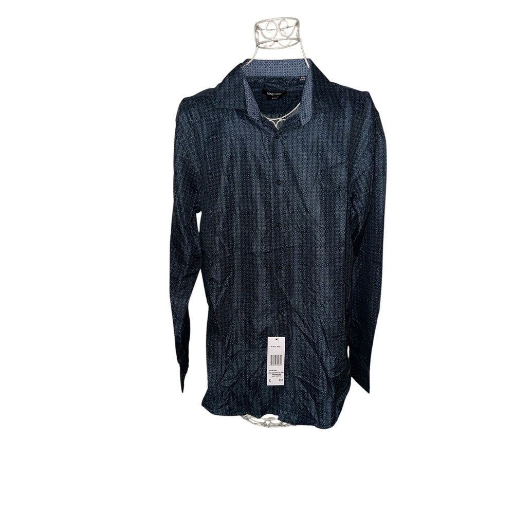New Nine West Mens Slim Fit Button Down Shirt Navy Geometric Print NW-20496 L